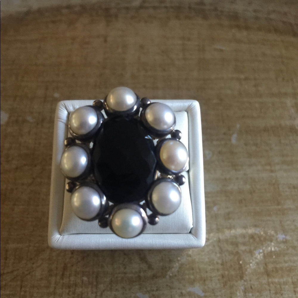 Black Oval Faceted Gemstone and Pearl Ring